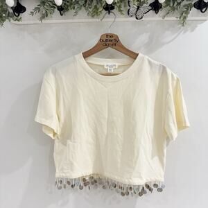 ALLISON new York Cream Coin Hem Fringe Cropped Tee XS LB